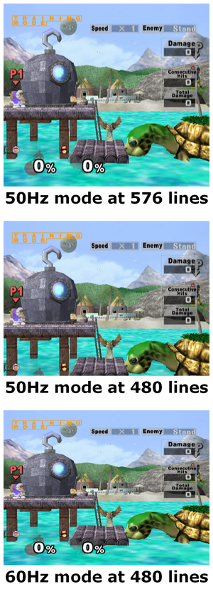 Three screenshots of a fighting video game, labelled "50Hz mode at 576 lines", "50Hz mode at 480 lines", and "60Hz mode at 480 lines".