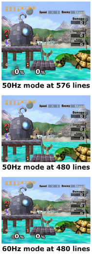 Three screenshots of a fighting video game, labelled "50Hz mode at 576 lines", "50Hz mode at 480 lines", and "60Hz mode at 480 lines".